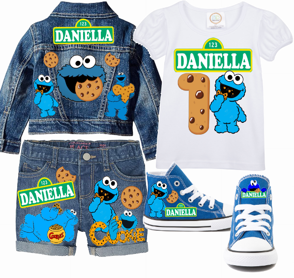 Cookie Monster Short Set-Cookie Monster Birthday outfit-Cookie Monster denim Birthday outfit