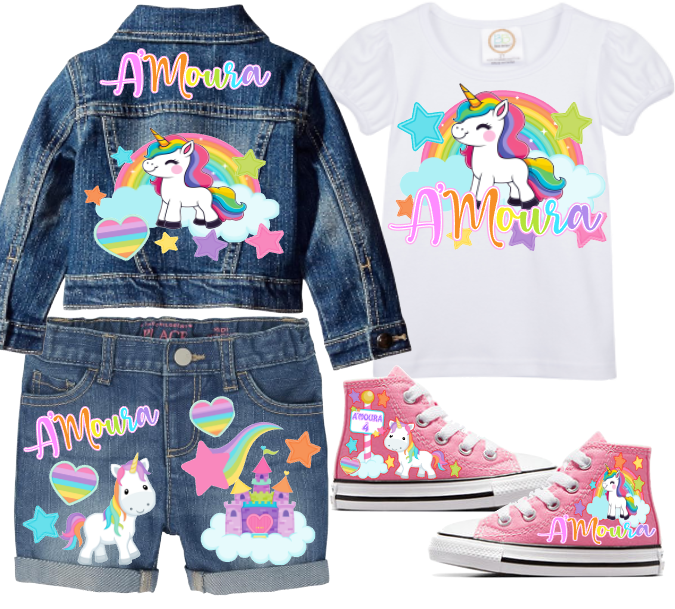 Unicorn Short Set-Unicorn Birthday outfit-Unicorn denim Birthday outfit