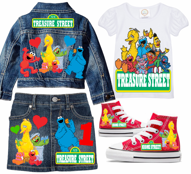 Sesame street Skirt Set-Sesame street denim outfit-Sesame street Birthday outfit