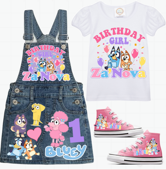 Bluey Skirt Overalls-Bluey Birthday Overalls-Bluey Birthday outfit- Pastel Bluey Outfit