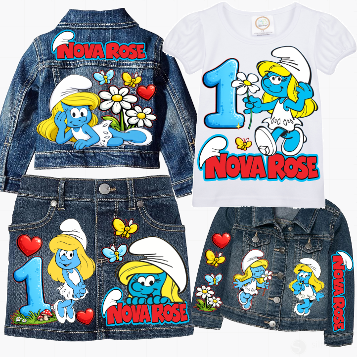 Smurfette Skirt Set-Smurfette denim outfit-Smurfette Birthday outfit-Smurf outfit