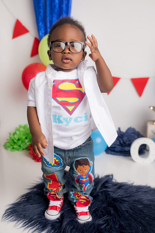 Superman Denim Set-Boys superman denim set- superman Birthday outfit-superman boys outfit