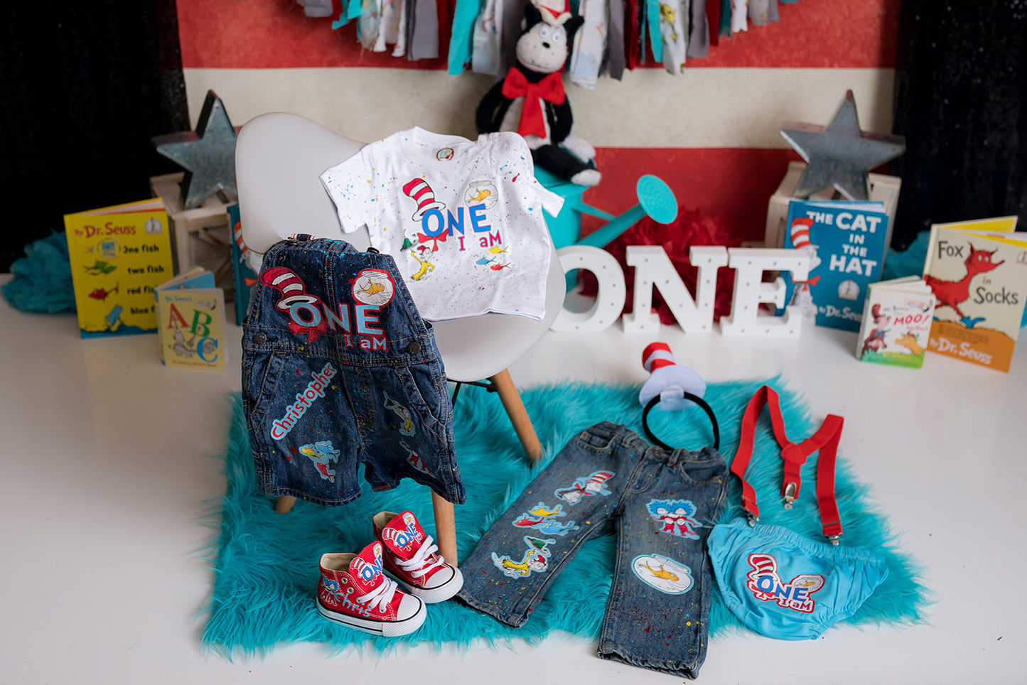 Cat in the Hat Denim Set-Boys Cat in the hat denim set-Cat in the hat Birthday outfit-Cat in the hat boys outfit
