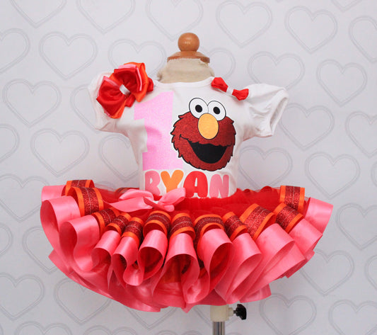 Elmo tutu set-Girly Elmo tutu set-Girl Elmo outfit-Elmo ribbon trim set- Elmo outfit