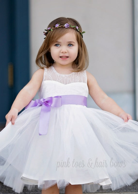 white dress with purple sash White Flower Girl Dress with Deep Purple Sash