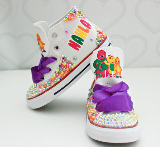 Barney shoes- Barney bling Converse-Girls Barney Shoes- Barney Converse