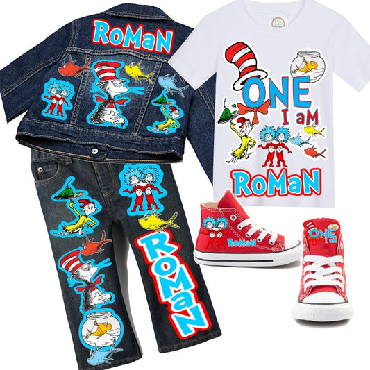 Cat in the Hat Denim Set-Boys Cat in the hat denim set-Cat in the hat Birthday outfit-Cat in the hat boys outfit