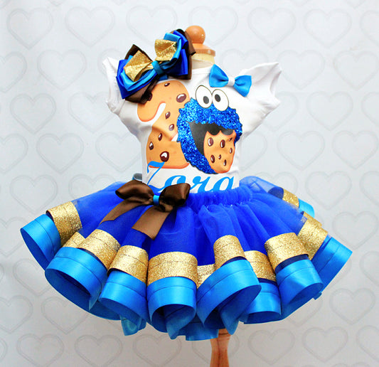 Cookie monster tutu set- Cookie monster birthday outfit -Cookie monster outfit-Cookie monster ribbon trim set