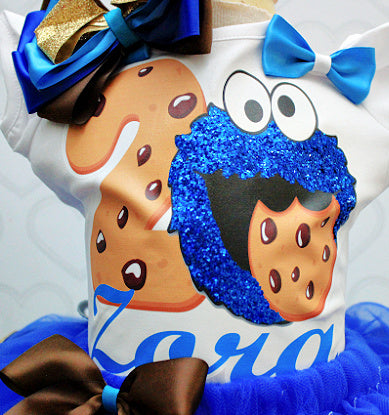 Cookie monster tutu set- Cookie monster birthday outfit -Cookie monster outfit-Cookie monster ribbon trim set