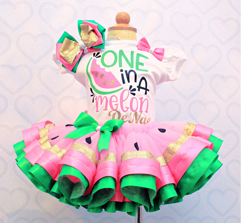 Watermelon tutu set-Watermelon outfit-Watermelon dress-One in a melon tutu set-watermelon birthday-Gold