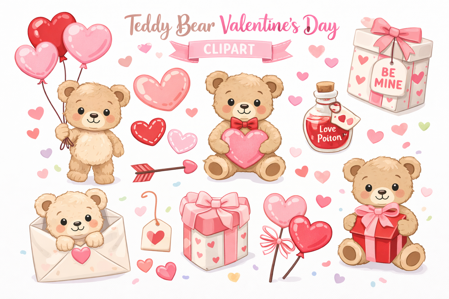 Teddy Bear Valentine Clipart | Cute Valentine PNG Clipart for Kids & Party Printables