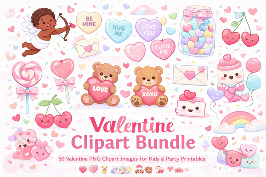 Valentine Clipart Bundle | 50 Valentine PNG Clipart Images for Kids & Party Printables