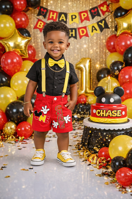 Mickey Mouse Suspender Short Set-Mickey Mouse Birthday outfit-Mickey Mouse Short Outfit