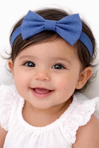 Denim Bow Baby Headbands on Solid Denim Elastic – Baby Girl Photo Prop & Outfit Accessory