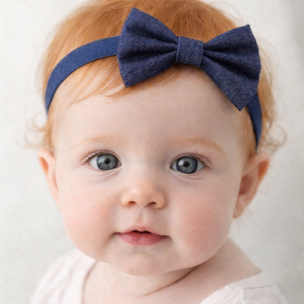 Denim Bow Baby Headbands on Solid Denim Elastic – Baby Girl Photo Prop & Outfit Accessory