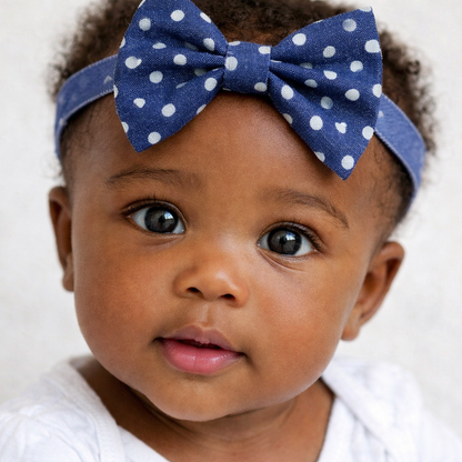 Denim Bow Baby Headbands on Solid Denim Elastic – Baby Girl Photo Prop & Outfit Accessory
