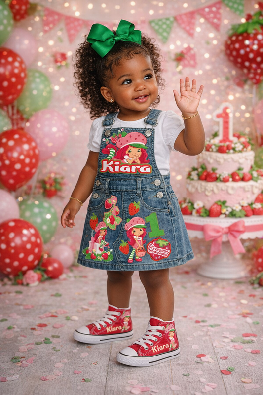 Strawberry Shortcake Skirt Overalls-Strawberry Shortcake Birthday Overalls-Strawberry Shortcake Birthday outfit