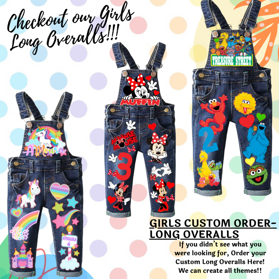 Girls Overalls(Long Pant overalls) – Pink Toes & Hair Bows