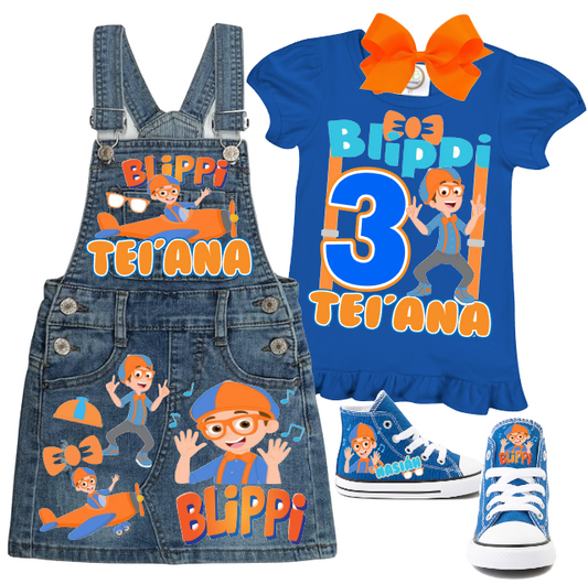 Blippi Skirt Overalls-Blippi Birthday Overalls-Blippi Birthday outfit