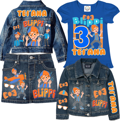 Blippi Skirt Set-Blippi denim outfit-Blippi Birthday outfit