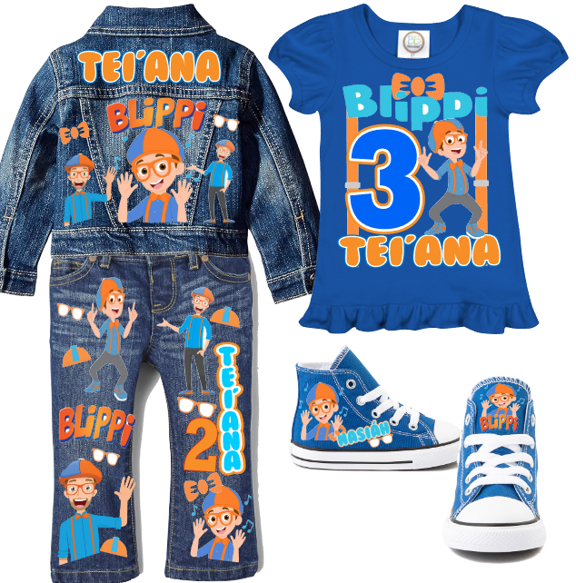 Blippi Girls denim outfit-Blippi Denim Set-Blippi Birthday outfit-Blippi Jean outfit