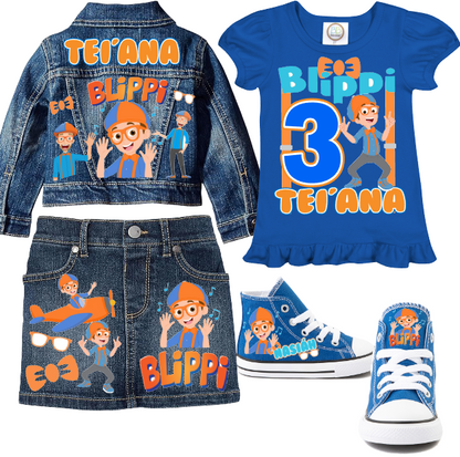 Blippi Skirt Set-Blippi denim outfit-Blippi Birthday outfit