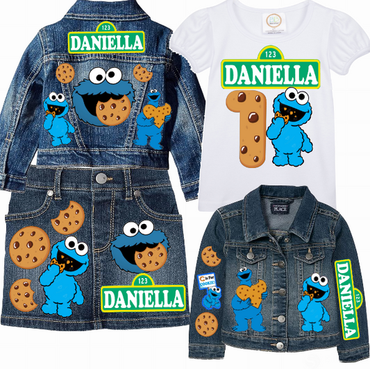 Cookie Monster Skirt Set-Cookie Monster denim outfit-Cookie Monster Birthday outfit