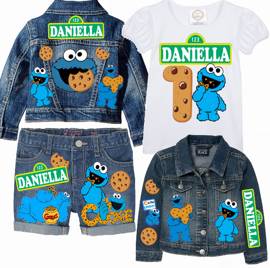 Cookie Monster Short Set-Cookie Monster Birthday outfit-Cookie Monster denim Birthday outfit