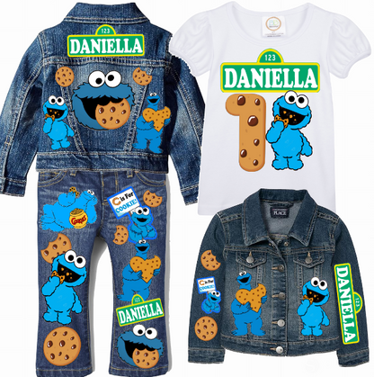 Cookie Monster Girls denim outfit-Cookie Monster Denim Set-Cookie Monster Birthday outfit-Cookie Monster Jean outfit