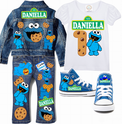 Cookie Monster Girls denim outfit-Cookie Monster Denim Set-Cookie Monster Birthday outfit-Cookie Monster Jean outfit