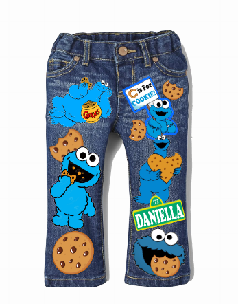 Cookie Monster Girls denim outfit-Cookie Monster Denim Set-Cookie Monster Birthday outfit-Cookie Monster Jean outfit