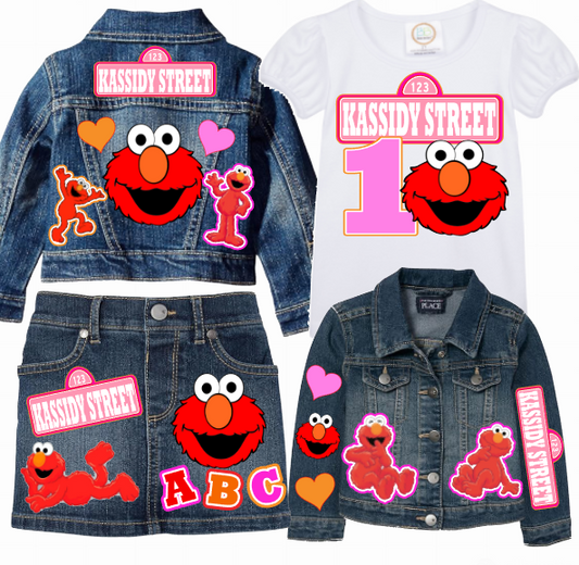 Elmo Skirt Set-Elmo denim outfit-Elmo Birthday outfit