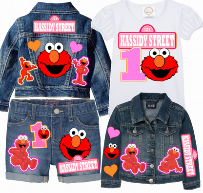 Elmo Short Set-Elmo Birthday outfit-Elmo denim Birthday outfit