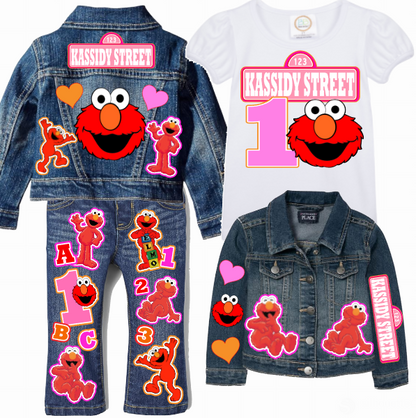 Elmo Girls denim outfit-Elmo Denim Set-Elmo Birthday outfit-Elmo Jean outfit