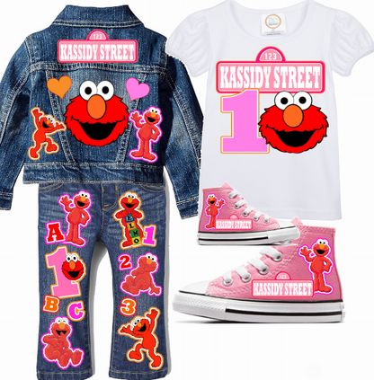 Elmo Girls denim outfit-Elmo Denim Set-Elmo Birthday outfit-Elmo Jean outfit