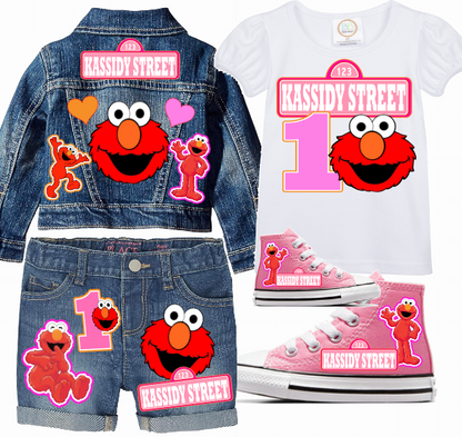 Elmo Short Set-Elmo Birthday outfit-Elmo denim Birthday outfit