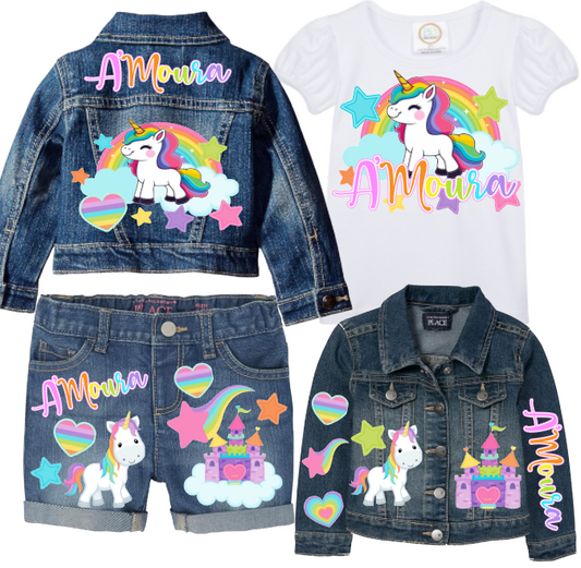 Unicorn Short Set-Unicorn Birthday outfit-Unicorn denim Birthday outfit