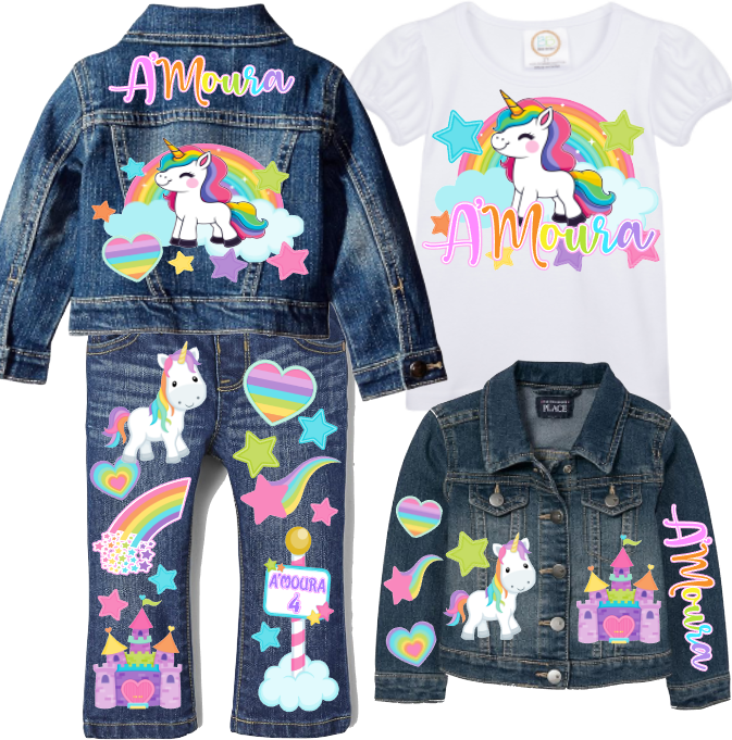 Unicorn Girls denim outfit-Unicorn Denim Set-Unicorn Birthday outfit-Unicorn Jean outfit