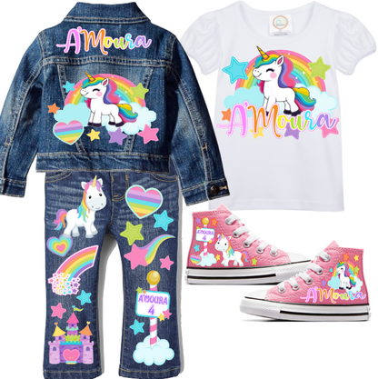 Unicorn Girls denim outfit-Unicorn Denim Set-Unicorn Birthday outfit-Unicorn Jean outfit