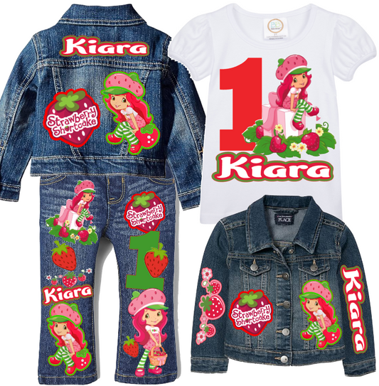 Strawberry Shortcake Girls denim outfit-Strawberry Shortcake Denim Set-Strawberry Shortcake Birthday outfit-Strawberry Shortcake Jean outfit