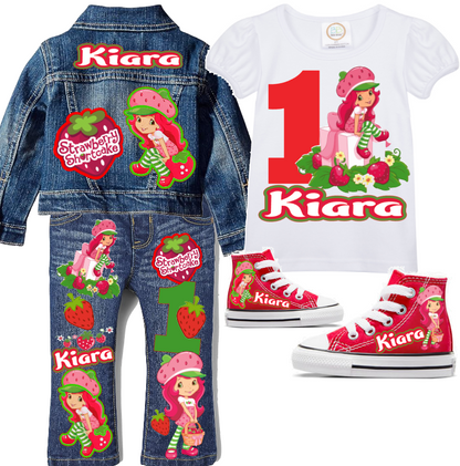 Strawberry Shortcake Girls denim outfit-Strawberry Shortcake Denim Set-Strawberry Shortcake Birthday outfit-Strawberry Shortcake Jean outfit