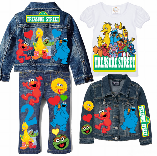 Sesame street Girls denim outfit-Sesame street Denim Set-Sesame street Birthday outfit-Sesame street Jean outfit