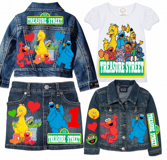 Sesame street Skirt Set-Sesame street denim outfit-Sesame street Birthday outfit