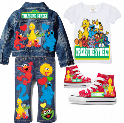 Sesame street Girls denim outfit-Sesame street Denim Set-Sesame street Birthday outfit-Sesame street Jean outfit