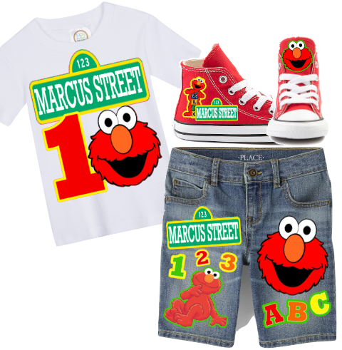 Elmo Short Set-Elmo Birthday outfit-Elmo denim Birthday outfit-Boys Elmo Short Outfit