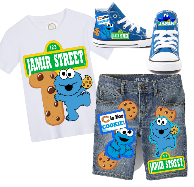 Cookie Monster Short Set-Cookie Monster Birthday outfit-Cookie Monster denim Birthday outfit- Boys Cookie Monster Short Outfit