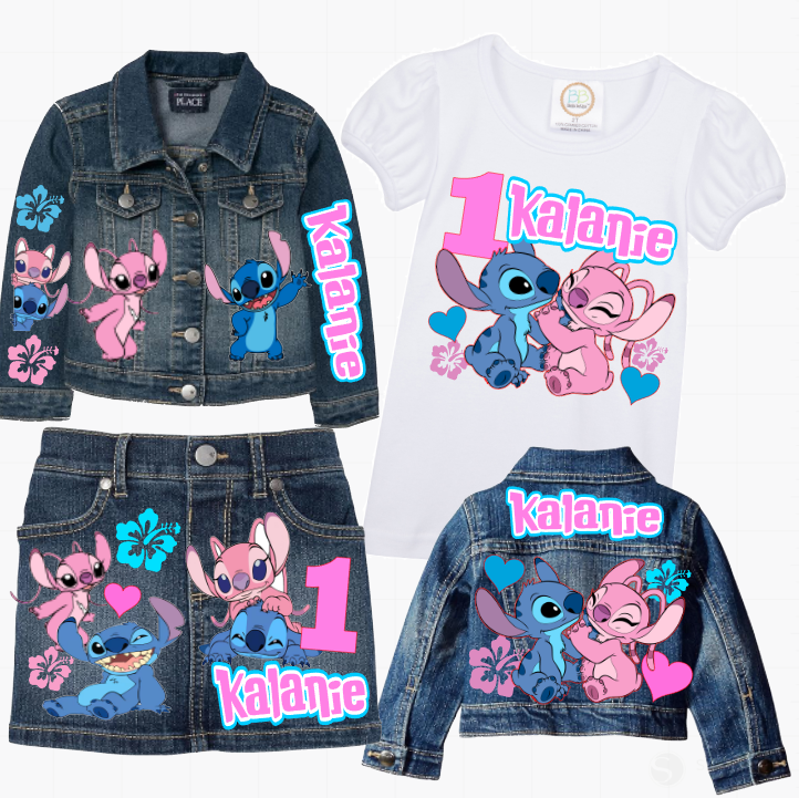 Angel and Stitch Skirt Set-Angel and Stitch denim outfit-Angel and Stitch Birthday outfit