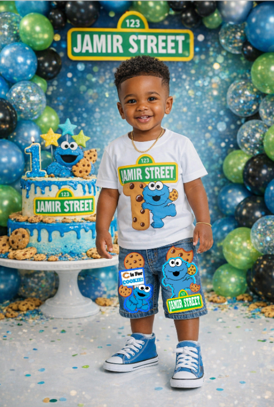 Cookie Monster Short Set-Cookie Monster Birthday outfit-Cookie Monster denim Birthday outfit- Boys Cookie Monster Short Outfit