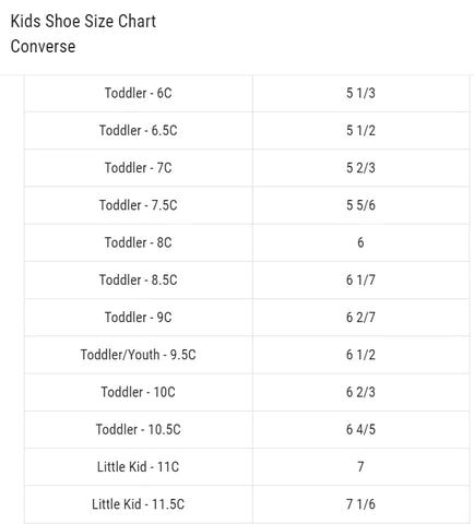 Baby converse 2025 size chart