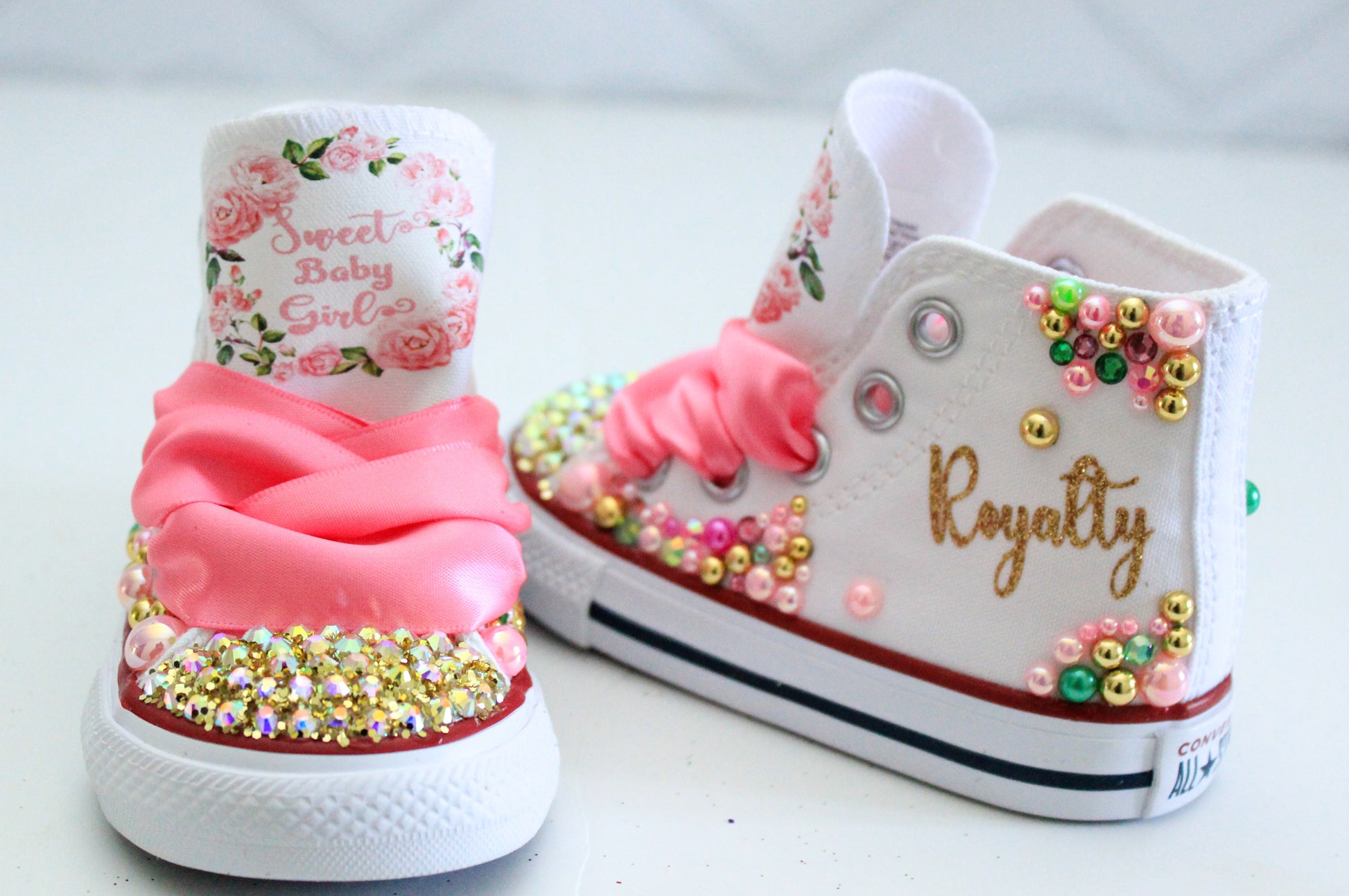 1st birthday shoes- 1st birthday Converse-Girls 1st birthday Shoes-fir –  Pink Toes & Hair Bows